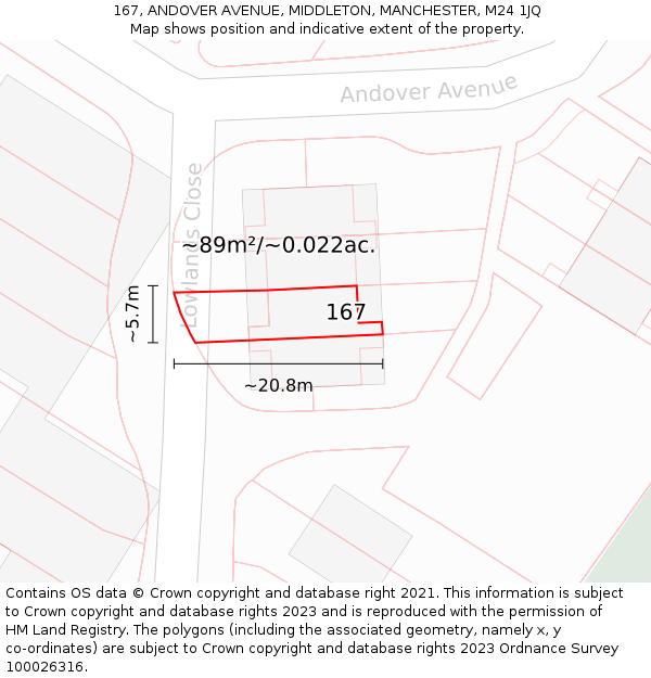 167, ANDOVER AVENUE, MIDDLETON, MANCHESTER, M24 1JQ: Plot and title map