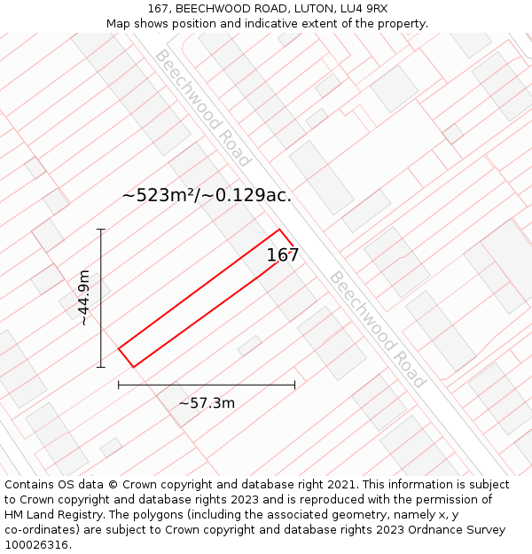 167, BEECHWOOD ROAD, LUTON, LU4 9RX: Plot and title map