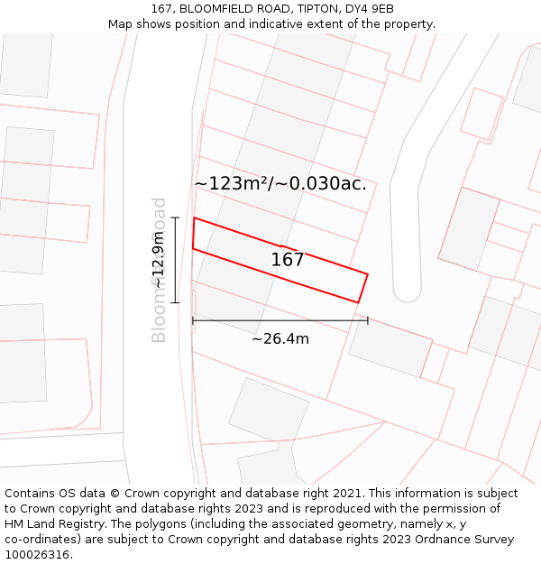 167, BLOOMFIELD ROAD, TIPTON, DY4 9EB: Plot and title map