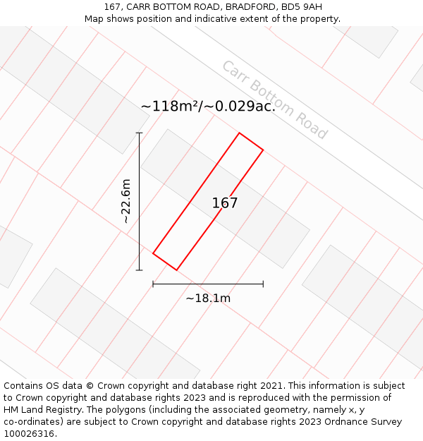 167, CARR BOTTOM ROAD, BRADFORD, BD5 9AH: Plot and title map