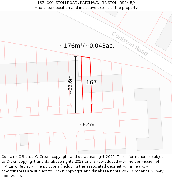 167, CONISTON ROAD, PATCHWAY, BRISTOL, BS34 5JY: Plot and title map
