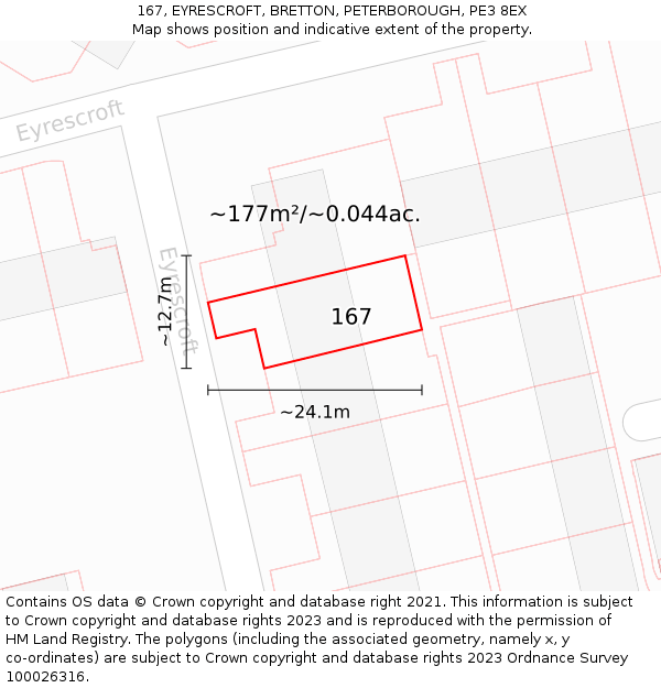 167, EYRESCROFT, BRETTON, PETERBOROUGH, PE3 8EX: Plot and title map
