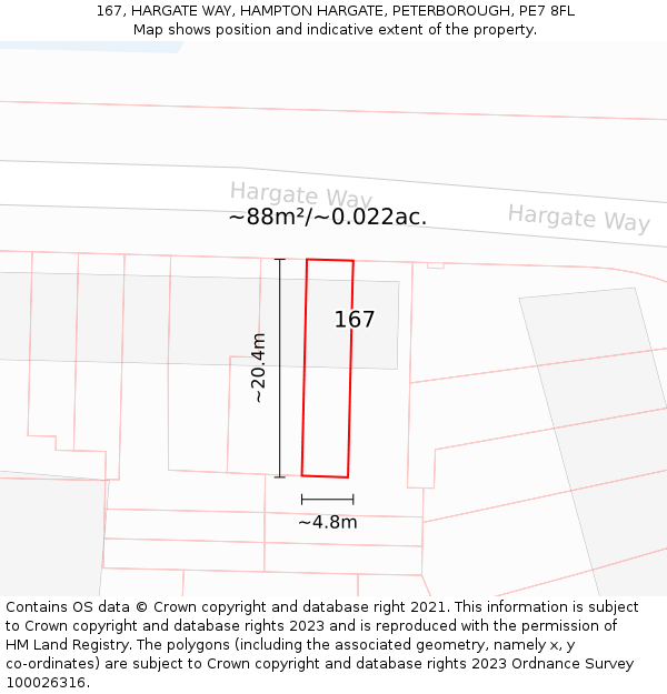 167, HARGATE WAY, HAMPTON HARGATE, PETERBOROUGH, PE7 8FL: Plot and title map