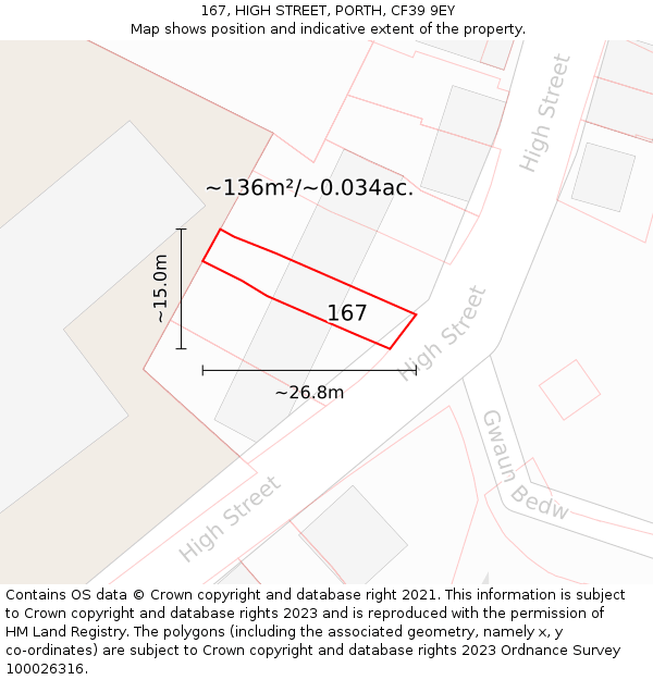 167, HIGH STREET, PORTH, CF39 9EY: Plot and title map