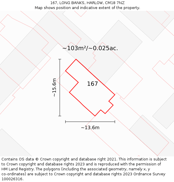 167, LONG BANKS, HARLOW, CM18 7NZ: Plot and title map
