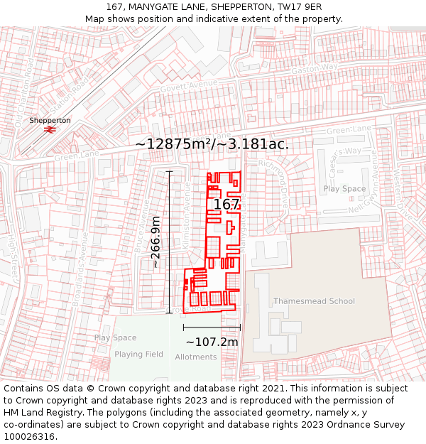 167, MANYGATE LANE, SHEPPERTON, TW17 9ER: Plot and title map