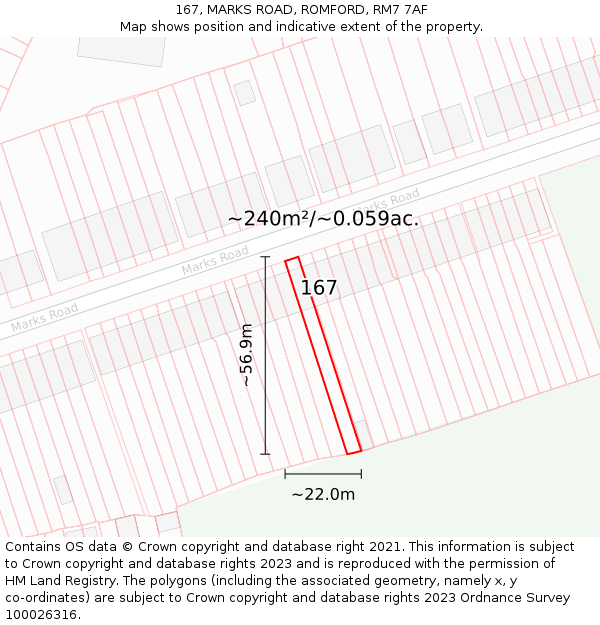 167, MARKS ROAD, ROMFORD, RM7 7AF: Plot and title map