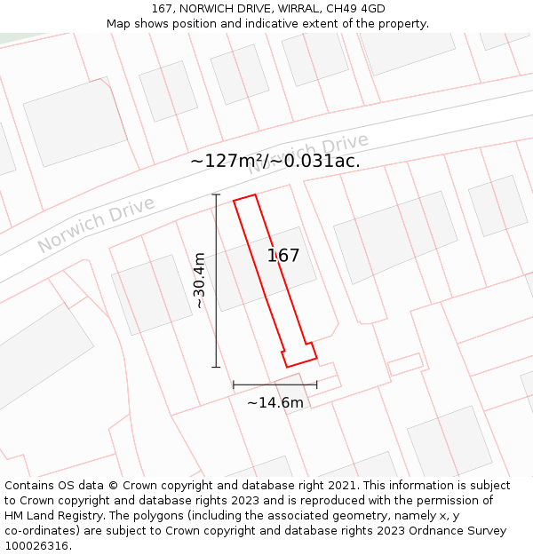 167, NORWICH DRIVE, WIRRAL, CH49 4GD: Plot and title map