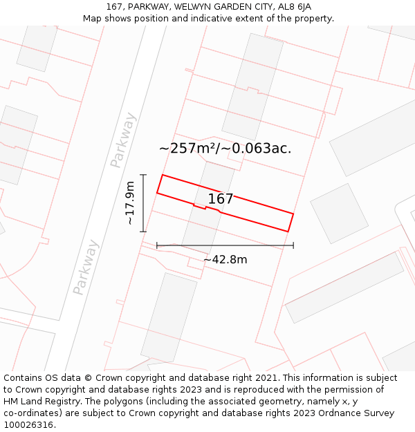 167, PARKWAY, WELWYN GARDEN CITY, AL8 6JA: Plot and title map