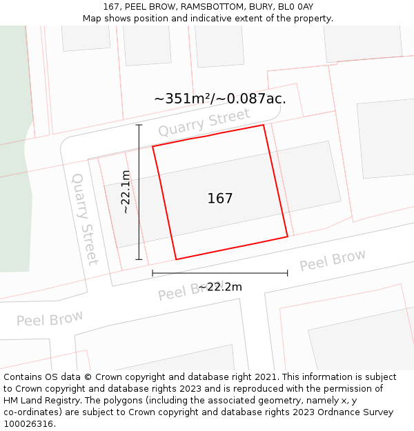 167, PEEL BROW, RAMSBOTTOM, BURY, BL0 0AY: Plot and title map