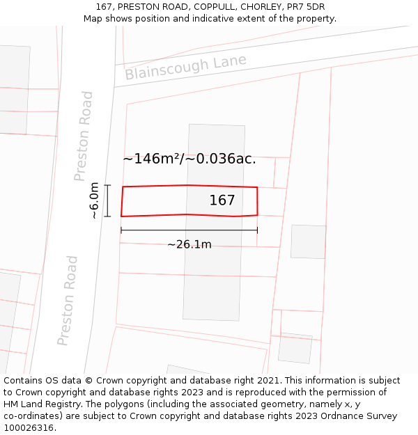 167, PRESTON ROAD, COPPULL, CHORLEY, PR7 5DR: Plot and title map