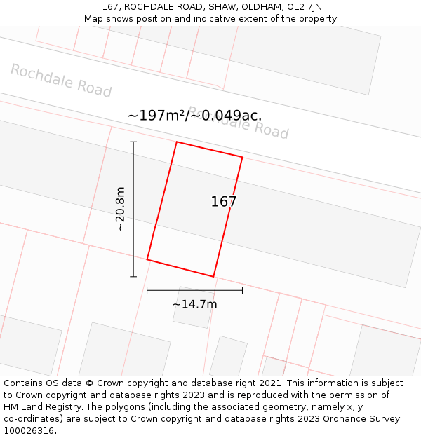 167, ROCHDALE ROAD, SHAW, OLDHAM, OL2 7JN: Plot and title map