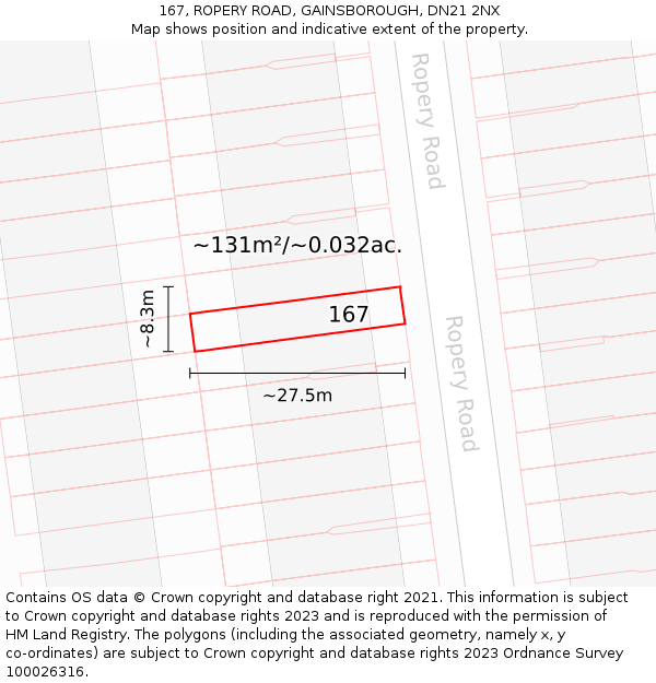 167, ROPERY ROAD, GAINSBOROUGH, DN21 2NX: Plot and title map