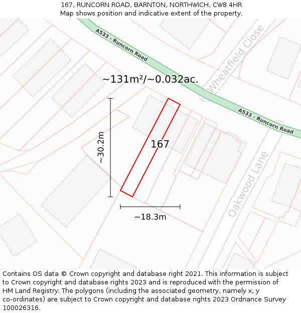 167, RUNCORN ROAD, BARNTON, NORTHWICH, CW8 4HR: Plot and title map