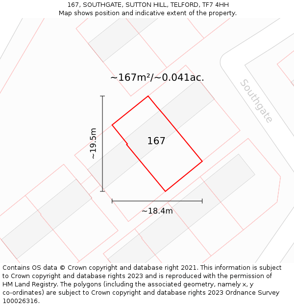167, SOUTHGATE, SUTTON HILL, TELFORD, TF7 4HH: Plot and title map