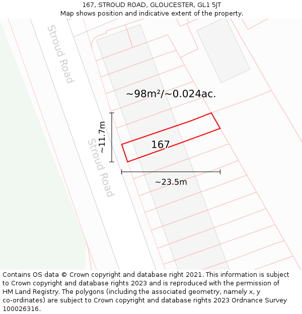 167, STROUD ROAD, GLOUCESTER, GL1 5JT: Plot and title map