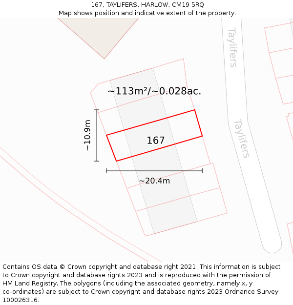 167, TAYLIFERS, HARLOW, CM19 5RQ: Plot and title map