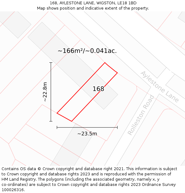 168, AYLESTONE LANE, WIGSTON, LE18 1BD: Plot and title map