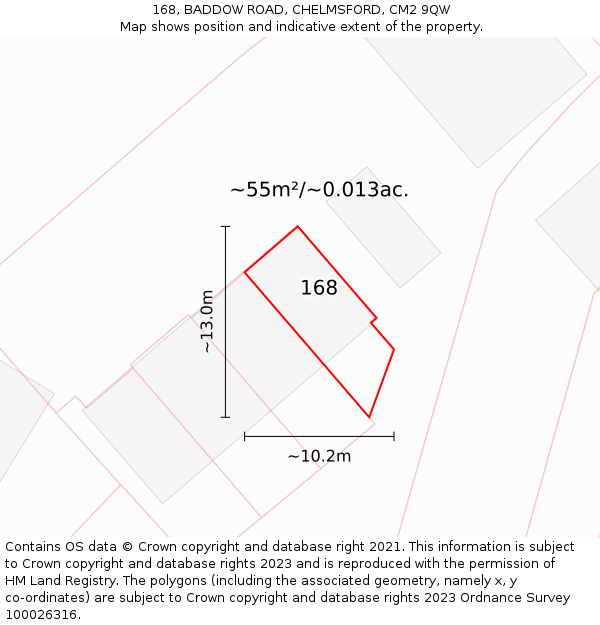 168, BADDOW ROAD, CHELMSFORD, CM2 9QW: Plot and title map