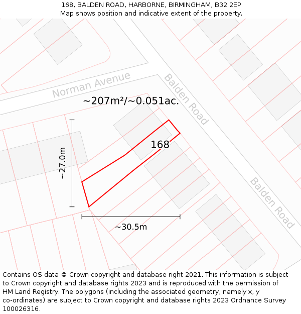168, BALDEN ROAD, HARBORNE, BIRMINGHAM, B32 2EP: Plot and title map