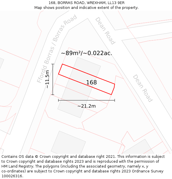 168, BORRAS ROAD, WREXHAM, LL13 9ER: Plot and title map