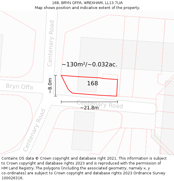 168, BRYN OFFA, WREXHAM, LL13 7UA: Plot and title map