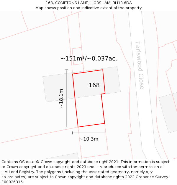 168, COMPTONS LANE, HORSHAM, RH13 6DA: Plot and title map