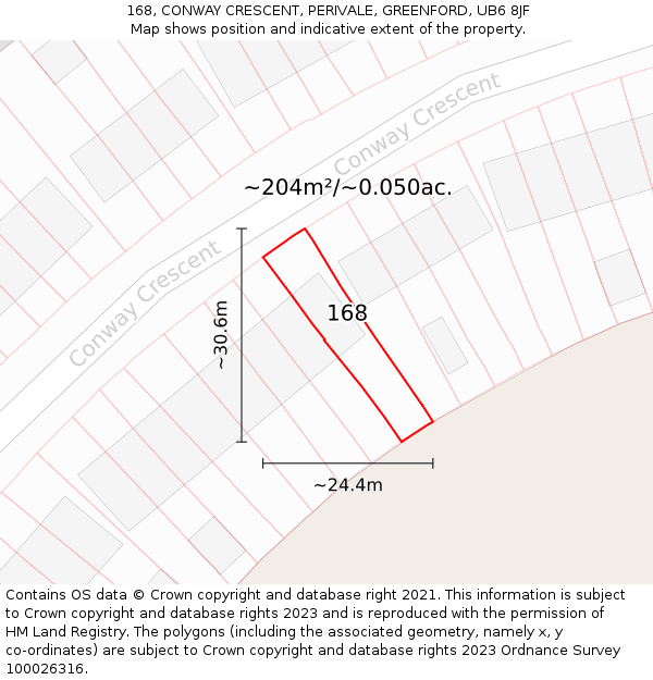 168, CONWAY CRESCENT, PERIVALE, GREENFORD, UB6 8JF: Plot and title map