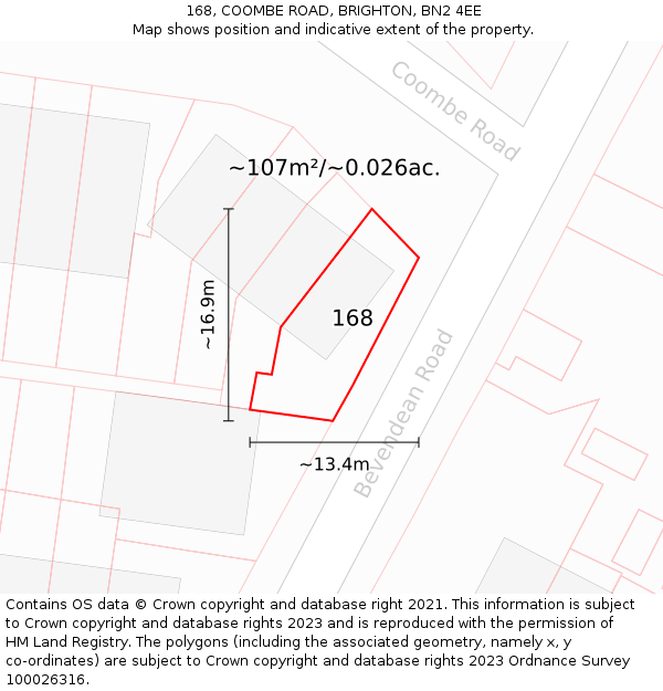 168, COOMBE ROAD, BRIGHTON, BN2 4EE: Plot and title map
