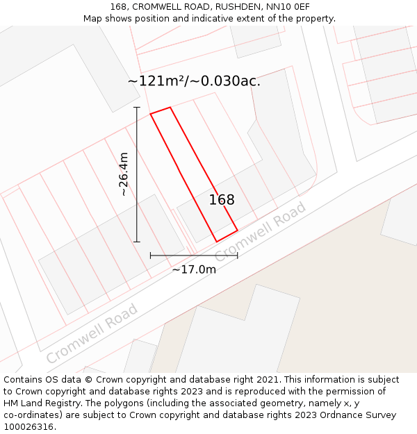 168, CROMWELL ROAD, RUSHDEN, NN10 0EF: Plot and title map
