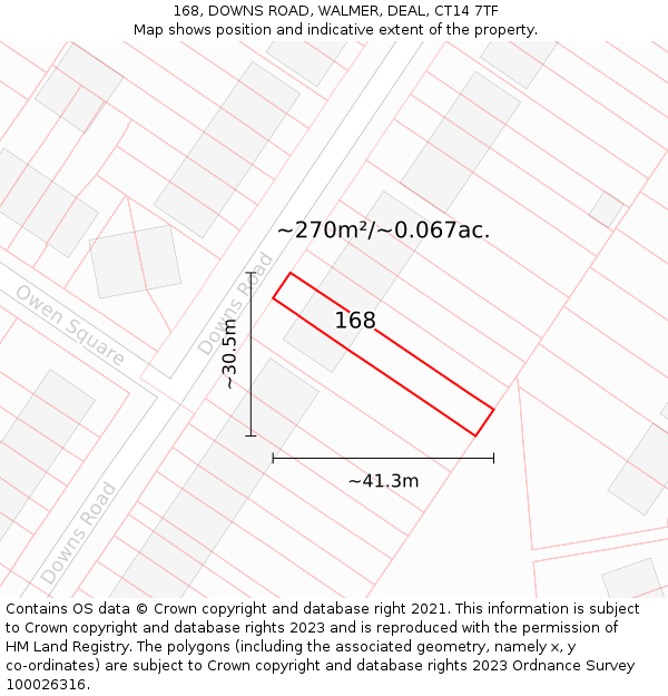 168, DOWNS ROAD, WALMER, DEAL, CT14 7TF: Plot and title map