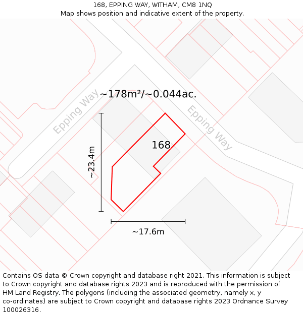 168, EPPING WAY, WITHAM, CM8 1NQ: Plot and title map