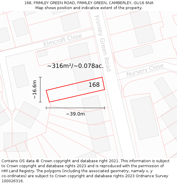 168, FRIMLEY GREEN ROAD, FRIMLEY GREEN, CAMBERLEY, GU16 6NA: Plot and title map
