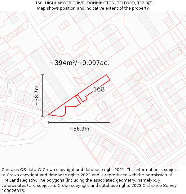 168, HIGHLANDER DRIVE, DONNINGTON, TELFORD, TF2 8JZ: Plot and title map