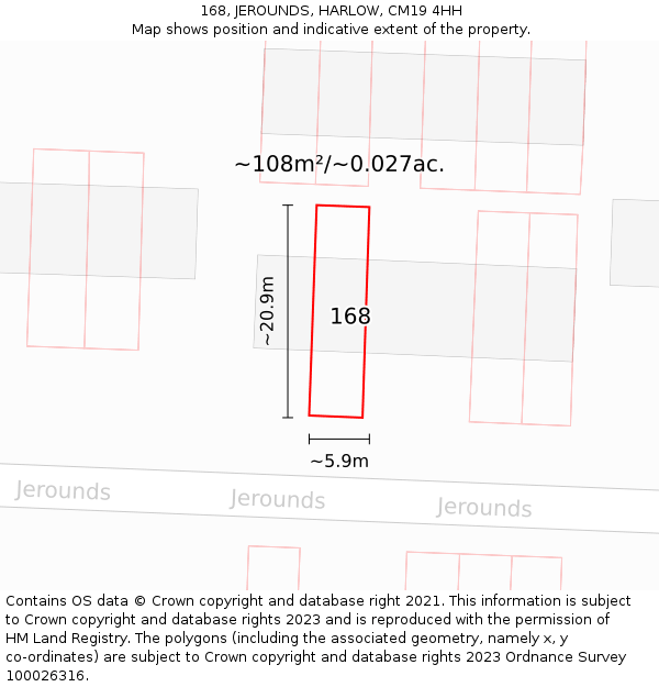 168, JEROUNDS, HARLOW, CM19 4HH: Plot and title map