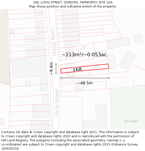 168, LONG STREET, DORDON, TAMWORTH, B78 1QA: Plot and title map