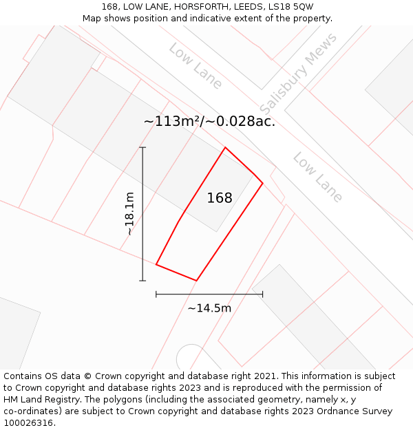 168, LOW LANE, HORSFORTH, LEEDS, LS18 5QW: Plot and title map