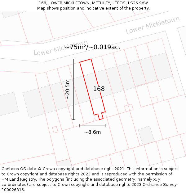 168, LOWER MICKLETOWN, METHLEY, LEEDS, LS26 9AW: Plot and title map