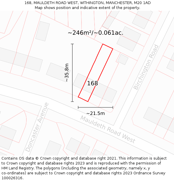 168, MAULDETH ROAD WEST, WITHINGTON, MANCHESTER, M20 1AD: Plot and title map