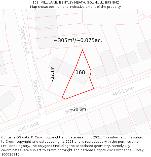 168, MILL LANE, BENTLEY HEATH, SOLIHULL, B93 8NZ: Plot and title map