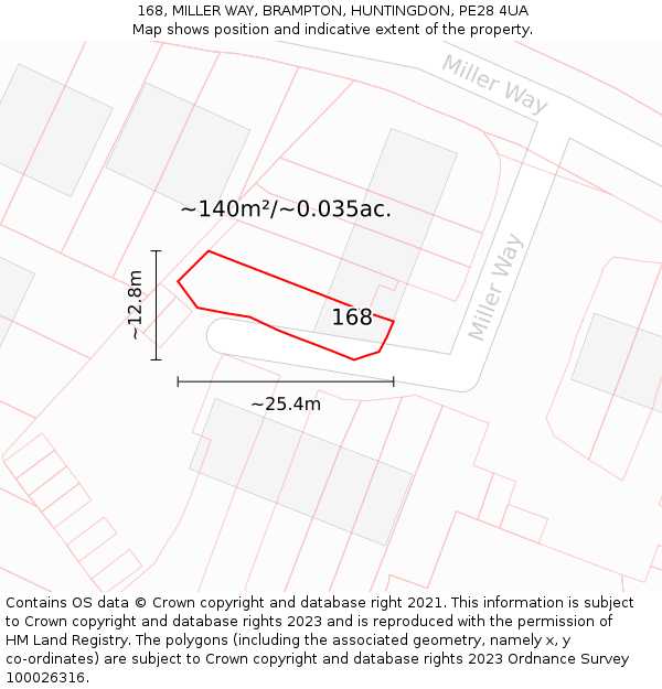 168, MILLER WAY, BRAMPTON, HUNTINGDON, PE28 4UA: Plot and title map