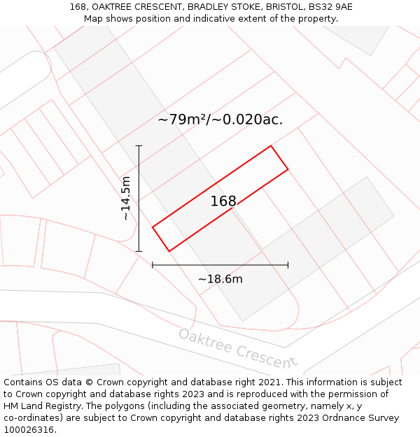 168, OAKTREE CRESCENT, BRADLEY STOKE, BRISTOL, BS32 9AE: Plot and title map