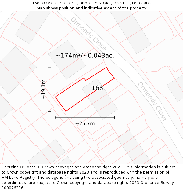 168, ORMONDS CLOSE, BRADLEY STOKE, BRISTOL, BS32 0DZ: Plot and title map