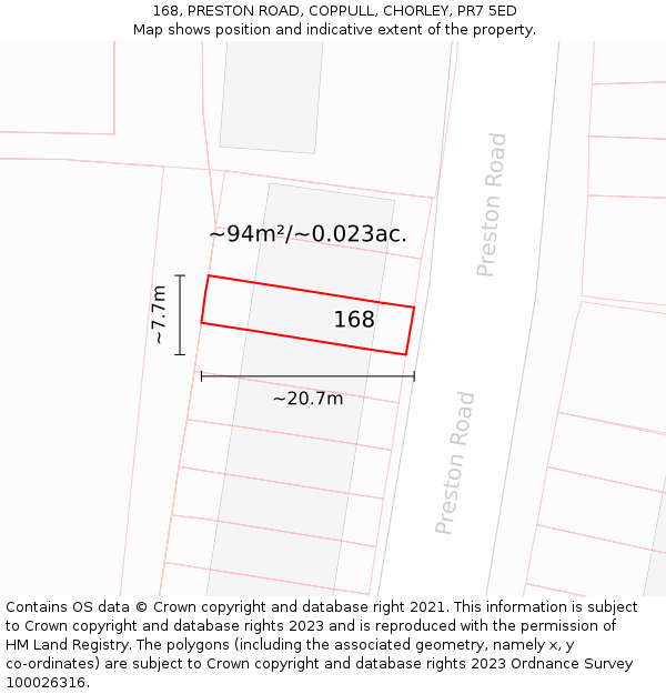 168, PRESTON ROAD, COPPULL, CHORLEY, PR7 5ED: Plot and title map