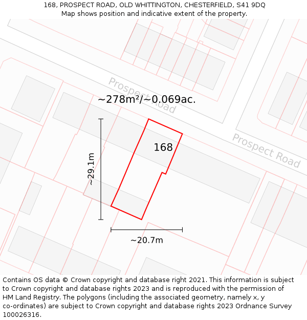 168, PROSPECT ROAD, OLD WHITTINGTON, CHESTERFIELD, S41 9DQ: Plot and title map