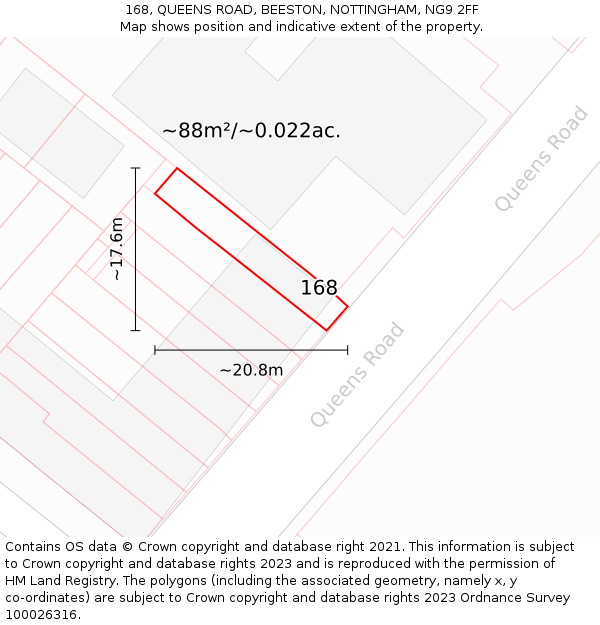 168, QUEENS ROAD, BEESTON, NOTTINGHAM, NG9 2FF: Plot and title map