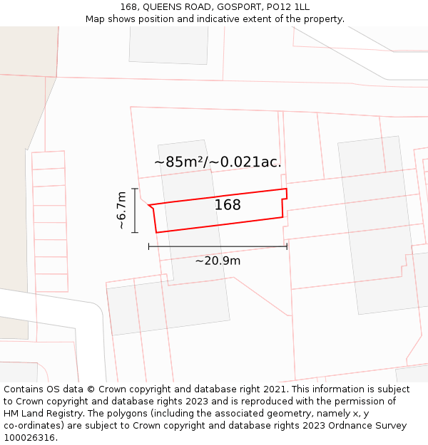 168, QUEENS ROAD, GOSPORT, PO12 1LL: Plot and title map