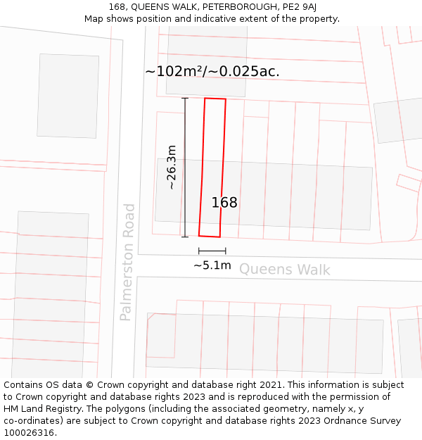 168, QUEENS WALK, PETERBOROUGH, PE2 9AJ: Plot and title map