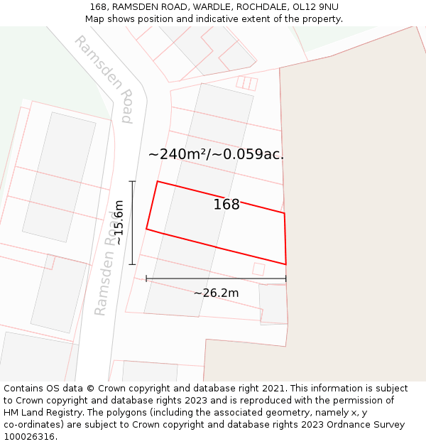 168, RAMSDEN ROAD, WARDLE, ROCHDALE, OL12 9NU: Plot and title map