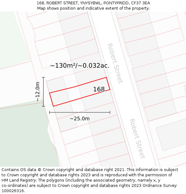168, ROBERT STREET, YNYSYBWL, PONTYPRIDD, CF37 3EA: Plot and title map